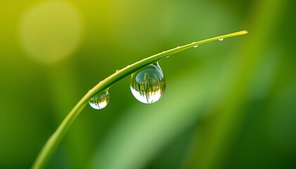 Morning macro close-up of fresh dew drops on green grass blades and vibrant plant leaves, capturing nature's summer freshness
