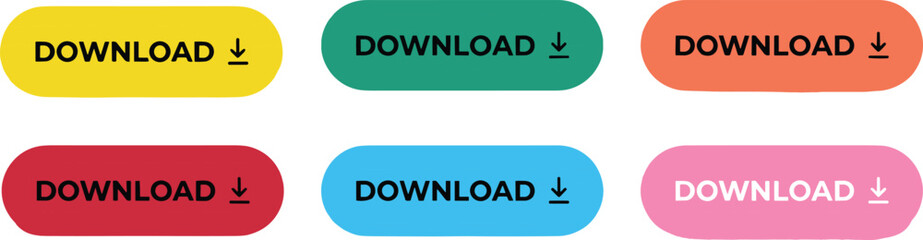 Set of Colorful Download Buttons with Arrow Icons for Web Design, Data Transfer, Software Installation, File Sharing, and Application User Interface Elements