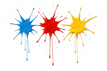 Primary color paint splashes forming starbursts and dripping liquid with a transparent background