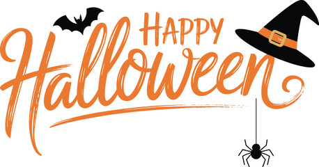Happy Halloween orange hand lettering text, flying bat, witch hat, hanging spider, festive typography vector illustration for holiday greeting card. © Sujoy