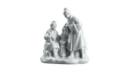 Beautiful white porcelain statuette showing a family of three in winter clothing, sharing a quiet, intimate moment. background removed