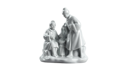 Beautiful white porcelain statuette showing a family of three in winter clothing, sharing a quiet, intimate moment. background removed