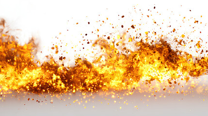 Naklejka premium Fire and sparks background, glowing yellow and orange flames with embers floating, isolated on white background. 
