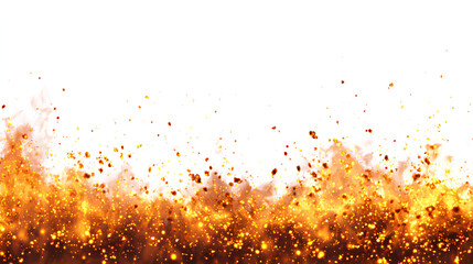 Fire and sparks background, glowing yellow and orange flames with embers floating, isolated on white background. 