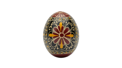Intricately decorated Pysanka Easter egg featuring traditional Ukrainian folk art patterns in black, maroon, and gold. A vibrant cultural symbol. background removed