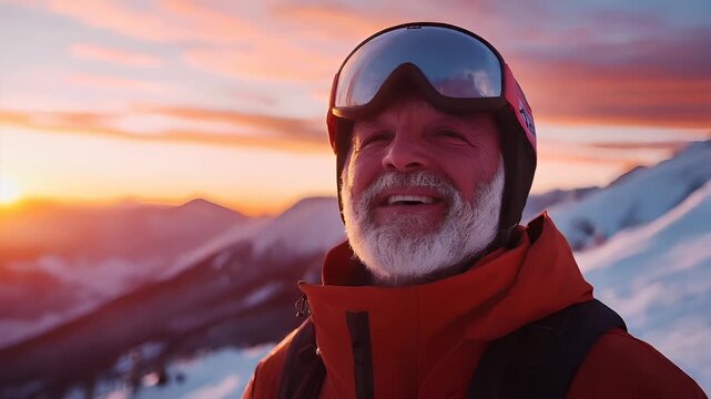 A man in a red jacket and ski goggles on top of a snowy mountain during sunset.