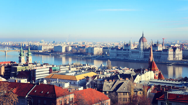 Budapest view from fisherman bastion with clear blue sky