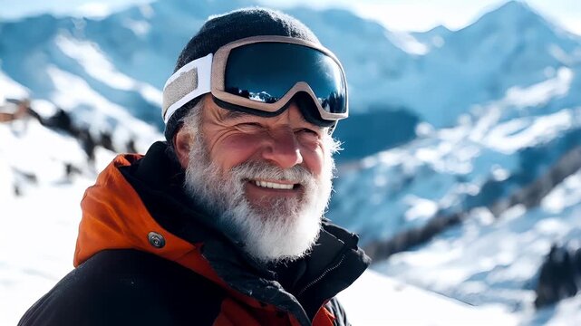 A man with a beard and wearing ski goggles in the snow with mountains in the background.