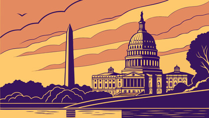 Washington dc skyline with us capitol building and washington monument. Suitable for travel, political, and patriotic themes in design projects.