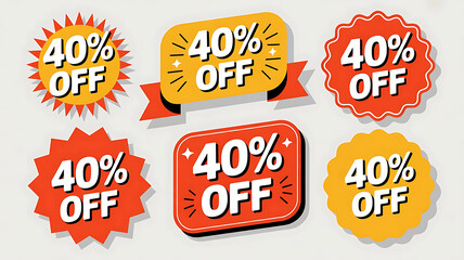 A collection of six colorful sale stickers displaying a forty percent off discount offer