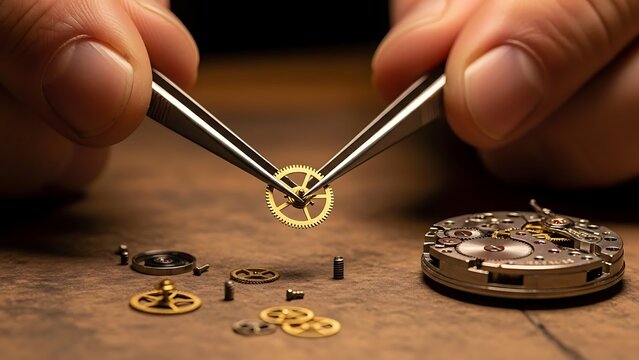 Expert Watchmaker's Hands Meticulously Assembling a Tiny Golden Gear into a Complex Mechanical Watch Movement, Highlighting Precision Craftsmanship...