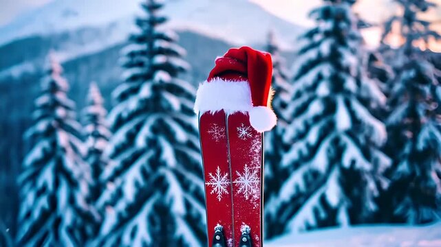 Winter holiday celebration concept. Christmas New Year. A pair of red skis with snowflake designs and a Santa hat, set against a snowy landscape during sunset.