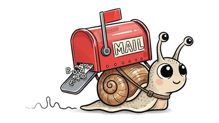 Snail Mail Delivery: A whimsical cartoon depicts a charming snail, carrying a vintage red mailbox, playfully delivering correspondence. This image embodies the essence of snail mail. © AbuAbdillah