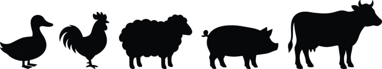 Set of Farm Animals Silhouettes, Duck, Rooster, Sheep, Pig, and Cow, for Livestock, Agriculture, Farming, Veterinary, and Natural Products Design