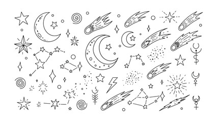 Celestial Composition: An artistic array of celestial bodies dance in a mesmerizing cosmic ballet. Twinkling stars, crescent moons, shooting stars. © AbuAbdillah