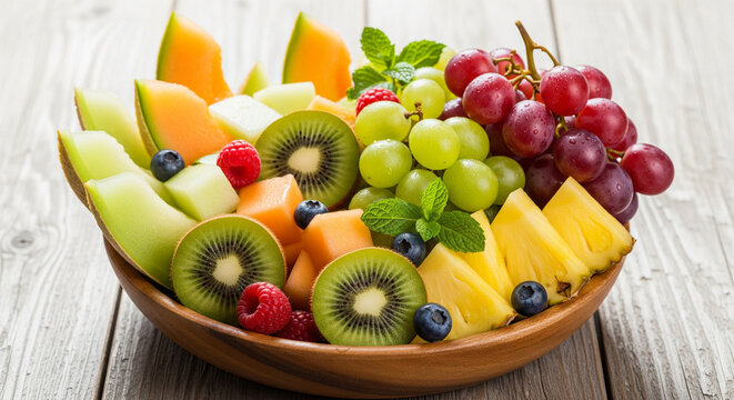 Vibrant fruit salad featuring cantaloupe, honeydew, grapes, kiwi, and pineapple in a wooden bowl for a healthy snack - Powered by Adobe