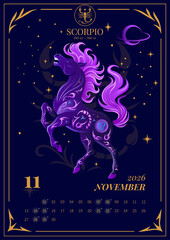  Scorpio Zodiac Horse &ndash; 2026 November Calendar Page