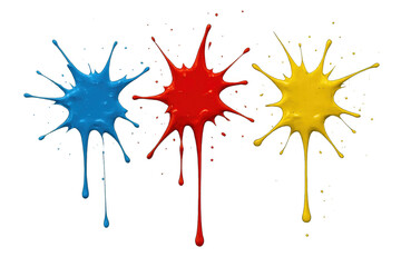 Primary color paint splatters creating messy explosions and dripping liquid on a transparent background