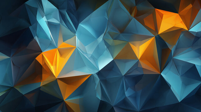 Abstract geometric design with blue and orange polygons. The image showcases an interplay of light and shadow, and depth of a digital artwork. The composition is dynamic and eye-catching