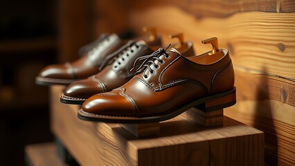 Handcrafted leather shoes displayed on a wooden stand, highlighting fine details in a close-up product view.