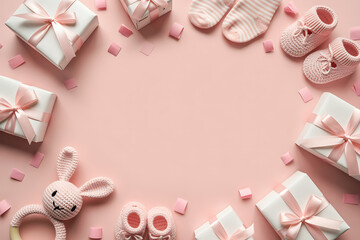 Baby shower composition with gift boxes and booties