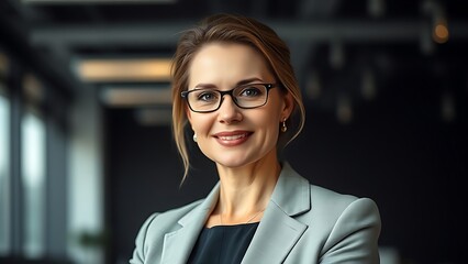 Confident businesswoman in professional attire exuding leadership and poise in a soft-lit office.
