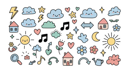 Obraz premium Adorable Icons: A vibrant assortment of cute and whimsical icons, from beaming suns and smiling clouds to twinkling stars and musical notes.