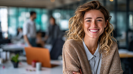 Fototapeta premium Portrait of a smiling woman with curly hair in an office setting looking at camera