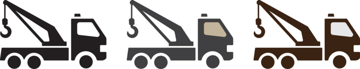 Black tow truck icon with a lifting hook on transparent. Three tow trucks line art icons 