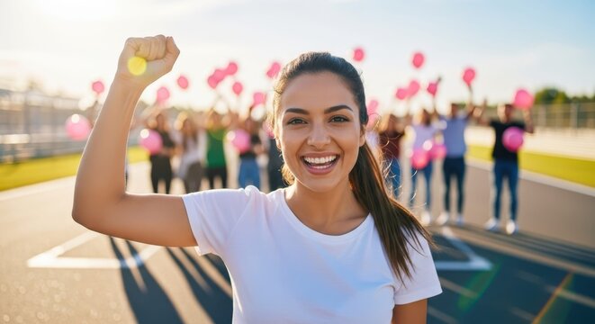 Empowered Woman's Day of Strength: A radiant woman, a symbol of strength and solidarity, is captured in a powerful moment of celebration against a backdrop of a team holding up balloons. - Powered by Adobe