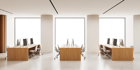 Naklejka na ściany i meble Contemporary office interior with wooden desks and white chairs, computer setups in front of large isolated windows on white background. 3D Rendering