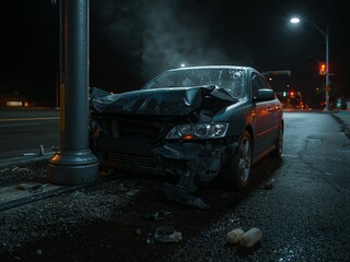 A dark sedan is severely damaged after a head-on collision with a pole on a wet street at night. Suitable for car accidents, insurance claims, and road safety themes.