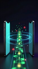 Two smartphones with green digital pathway hologram padlock icons warning alerts cybersecurity mobile data protection encryption secure connection network communication threat detection technology