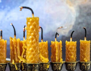 Extinguished beeswax candles with intricate honeycomb texture and melted wax in decorative holders