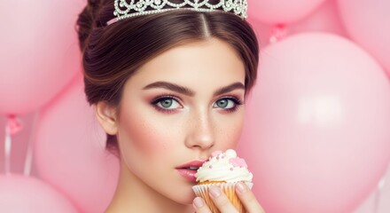 Princess and Cupcake: A young woman adorned with a tiara and elegant makeup delicately savoring a cupcake, surrounded by pink balloons, symbolizing celebration and sweetness.