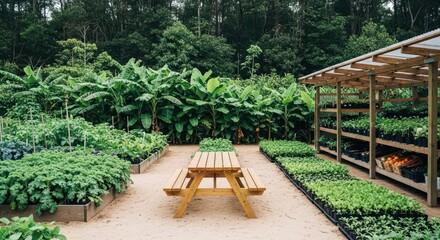 Obraz premium Garden Oasis of Serenity: A vibrant garden bursts with life, with lush rows of plants. A weathered wooden picnic table invites quiet reflection.