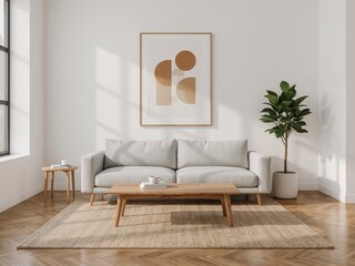 A bright minimalist living room featuring a light grey sofa and a wooden coffee table. 