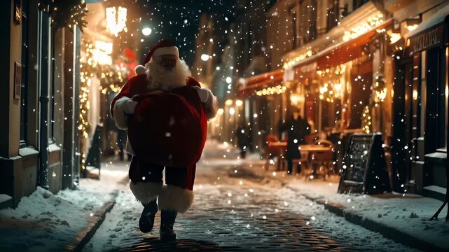 Winter holiday celebration concept. Christmas New Year. Santa Claus walking down a snowy street at night, with a backdrop of illuminated buildings and streetlights. The scene is bathed in a warm.