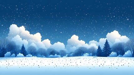 A tranquil winter landscape featuring snow covered ground with bare trees and festive evergreen forests