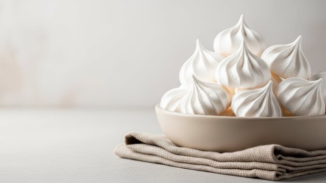 Delicate Meringues: A close-up shot of a pile of fluffy, cloud-like meringues in a beige bowl, evoking feelings of sweetness and decadence.