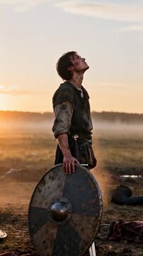 Historical warrior standing on dusty battlefield with shield at sunset, concept of ultimate victory, struggle, or reflection after conflict, vertical.