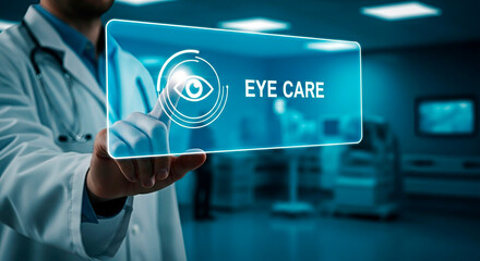A doctor holding eye care interface for medical and vision concept.