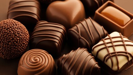 Naklejka premium Decadent Chocolate Delights: An array of artisanal chocolates tempts with their exquisite shapes and rich, inviting hues, a true indulgence for the senses. 