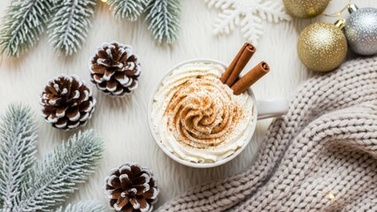 Festive Cocoa Delight: A cozy composition, featuring a warm mug of cocoa adorned with cinnamon sticks and a swirl of whipped cream, nested amidst seasonal decorations.