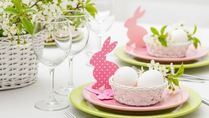 Festive Easter Table Setting: A beautifully decorated table awaits, adorned with pastel plates, charming Easter bunny cutouts, and delicate spring blossoms. The setting captures the essence of spring.