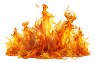 Vibrant and intense blazing fire with dynamic, realistic orange, red, and yellow flames creating a powerful visual impact, isolated for versatile design and compositing projects.