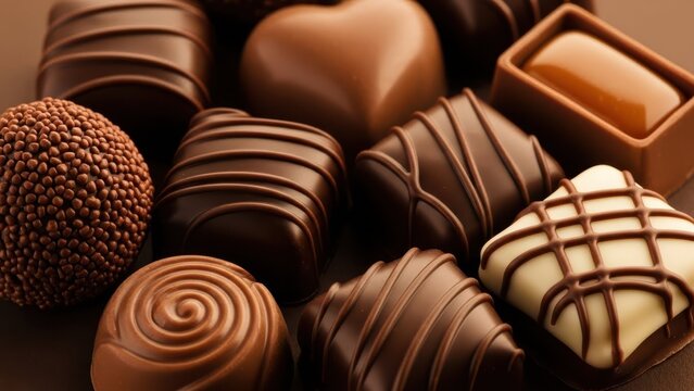 Decadent Chocolate Delights: An array of artisanal chocolates tempts with their exquisite shapes and rich, inviting hues, a true indulgence for the senses. 