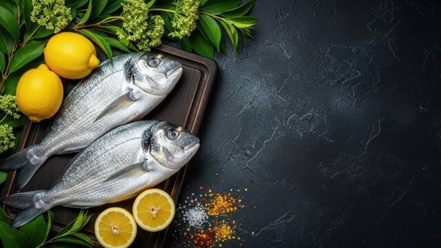 Exquisite Seabream Platter: A culinary masterpiece features two pristine seabream fish, artfully arranged on a wooden board, garnished with vibrant lemon halves and fresh herbs.