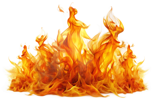 Vibrant and intense blazing fire with dynamic, realistic orange, red, and yellow flames creating a powerful visual impact, isolated for versatile design and compositing projects.