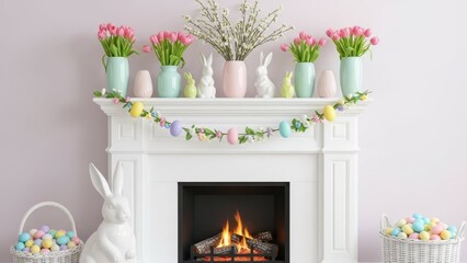 Easter Fireplace: A festive mantelpiece, adorned with vibrant spring flowers, ceramic bunnies, and pastel-colored eggs, perfectly embodying the spirit of Easter and springtime.